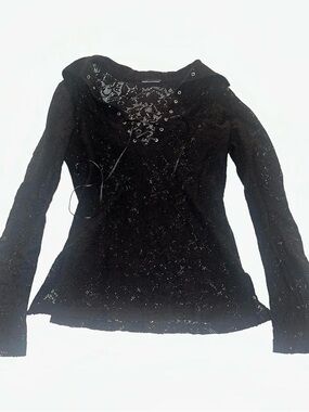 Women's Black Lace-Up Long Sleeve Lace Top